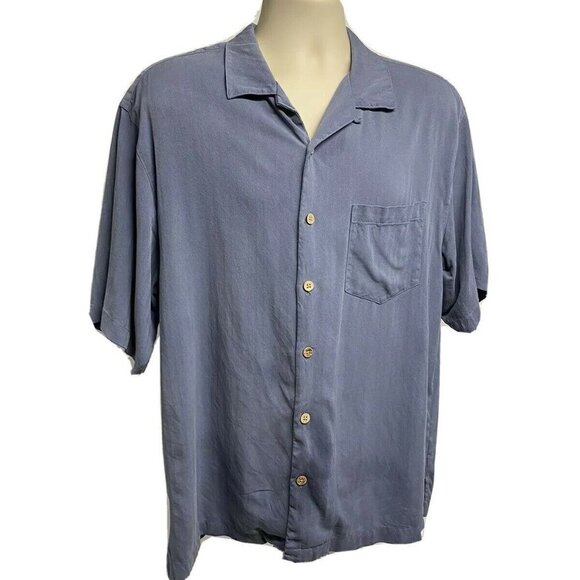 Montego Blue Silk Embroidered Button Up Camp Shirt Large Pocket Island Paradise - Picture 4 of 10